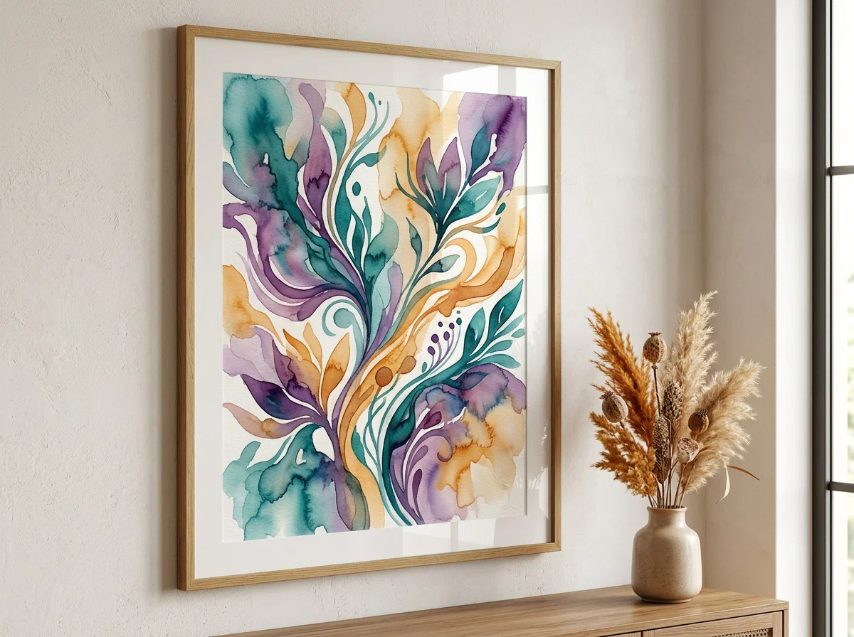 Abstract botanical watercolour illustration in teal and violet - plant extract supplement daily routine