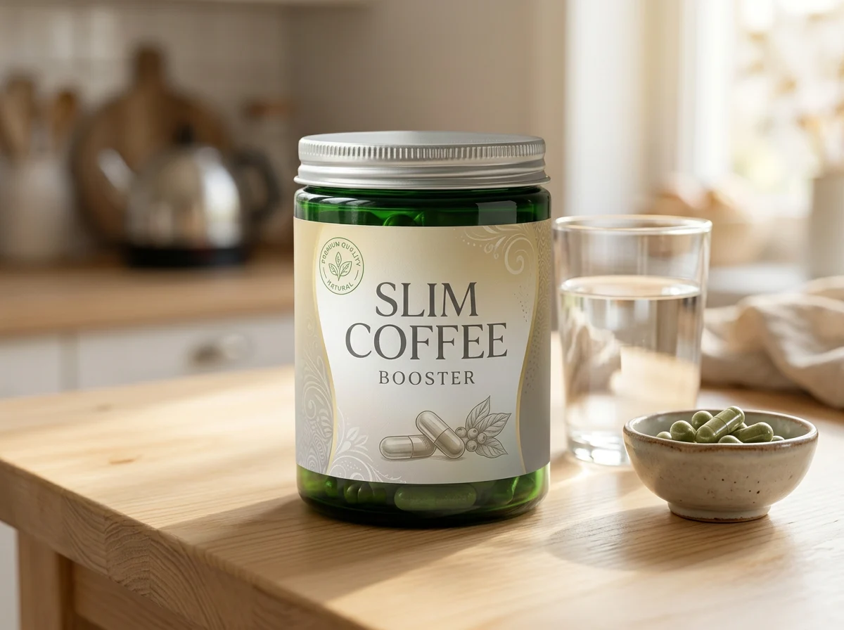 Slim Coffee Booster box on a marble surface beside coffee cup and green coffee beans